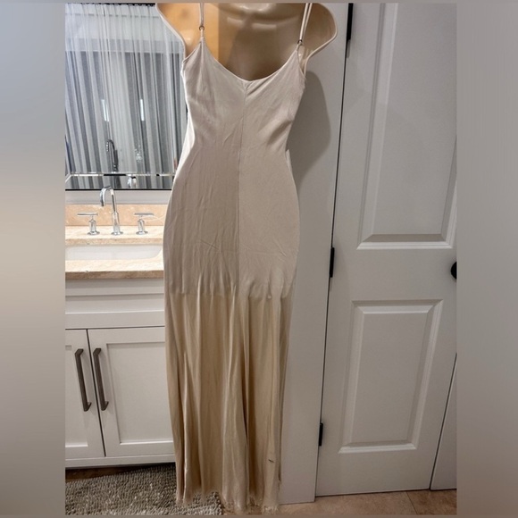Pharaoh Beige Satin Slip Dress with Frayed Trim, Size P/XS - Picture 7 of 13